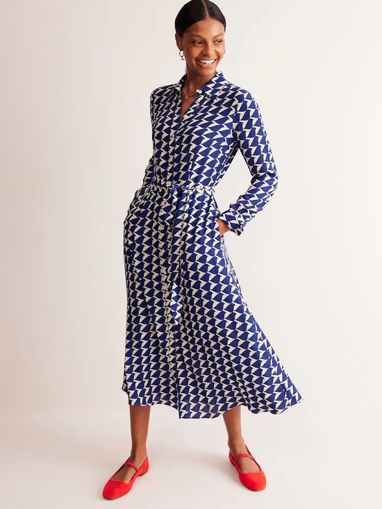 Boden Dresses & Skirts - Boden Kate Long-Sleeve Blue and White Bird Pattern Midi Shirt Dress -US 14 UK 18